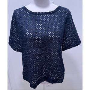 LOFT Navy Blue Eyelet Short Sleeve Blouse